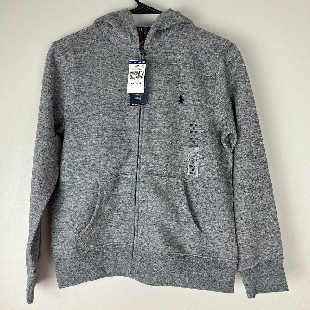 POLO Ralph Lauren Brand NEW Youth Gray Full Zip Up Sweater W/Hood Size M (10-12)
